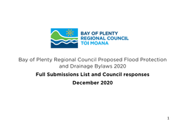 Bay of Plenty Regional Council Proposed Flood Protection and Drainage Bylaws 2020 Full Submissions List and Council Responses December 2020