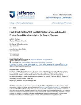 Heat Shock Protein 90 (Hsp90)-Inhibitor-Luminespib-Loaded- Protein-Based Nanoformulation for Cancer Therapy