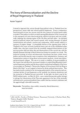 The Irony of Democratization and the Decline of Royal Hegemony in Thailand