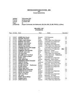 MENTION-IN-DESPATCHES CITATIONS (MID) 2007 Canada Gazette Entries