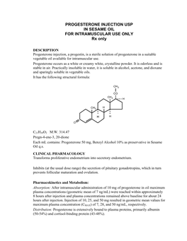 PROGESTERONE INJECTION USP in SESAME OIL for INTRAMUSCULAR USE ONLY Rx Only