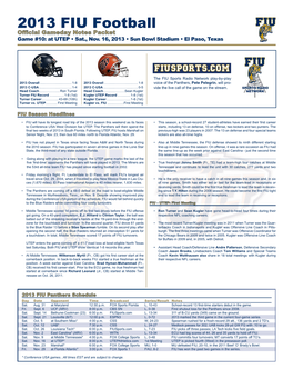 2013 FIU Football Ooffﬁ Cialcial Gamedaygameday Notesnotes Packetpacket Game #10: at UTEP • Sat., Nov