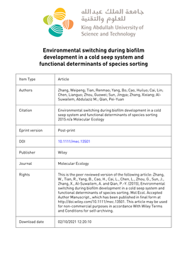 Environmental Switching During Biofilm Development in a Cold Seep System and Functional Determinants of Species Sorting