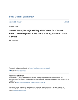 The Inadequacy of Legal Remedy Requirement for Equitable Relief: the Development of the Rule and Its Application in South Carolina