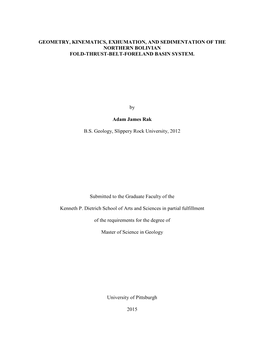 Geometry, Kinematics, Exhumation, and Sedimentation of the Northern Bolivian Fold-Thrust-Belt-Foreland Basin System