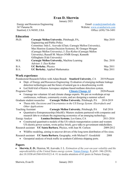 Evan D. Sherwin January 2021 Energy and Resources Engineering Email: Evands@Stanford.Edu 367 Panama St