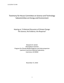 Testimony for House Committee on Science and Technology Subcommittee on Energy and Environment