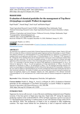 Evaluation of Chemical Pesticides for the Management of Top Borer (Scirpophaga Excerptalis Walker) in Sugarcane