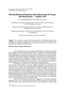 The Distribution of Hepaticae and Anthocerotae in Europe and Macaronesia — Update 1-427