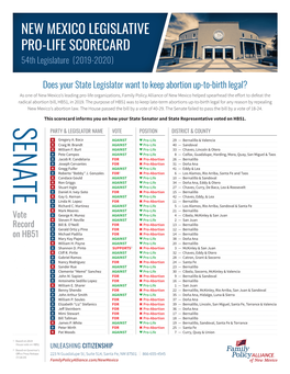 NEW MEXICO LEGISLATIVE PRO-LIFE SCORECARD 54Th Legislature (2019-2020)