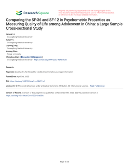 Comparing the SF-36 and SF-12 in Psychometric Properties As Measuring Quality of Life Among Adolescent in China: a Large Sample Cross-Sectional Study