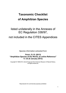 Taxonomic Checklist of Amphibian Species Listed Unilaterally in The