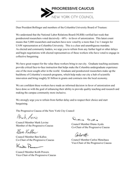 Dear President Bollinger and Members of the Columbia University Board of Trustees