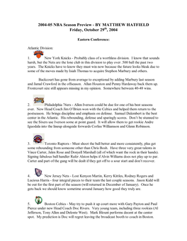 2004-05 NBA Season Preview - by MATTHEW HATFIELD Friday, October 29Th, 2004