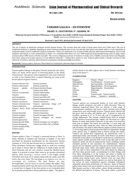 Tamarix Gallica Plant Is Briefly Reviewed in This Article for Its History, Anatomy, Phytochemical Constituents and Pharmacological Activities