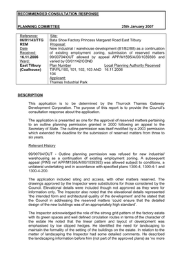 RECOMMENDED CONSULTATION RESPONSE PLANNING COMMITTEE 25Th January 2007 Site: Bata Shoe Factory Princess Margaret Road East Tilbu