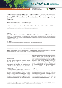 Southernmost Record of Yellow-Headed Vulture, Cathartes Burrovianus Cassin, 1845 (Cathartiformes, Cathartidae), in Buenos Aires Province, Argentina
