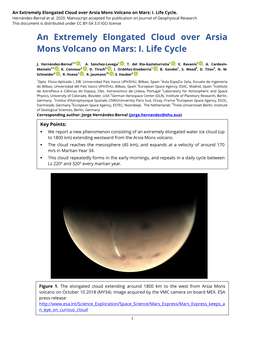 An Extremely Elongated Cloud Over Arsia Mons Volcano on Mars: I