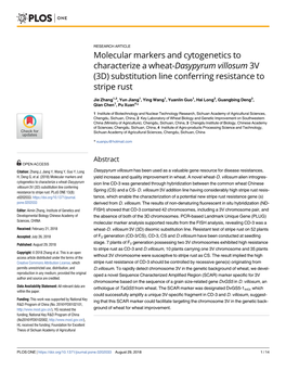 Molecular Markers and Cytogenetics to Characterize a Wheat-Dasypyrum Villosum 3V (3D) Substitution Line Conferring Resistance to Stripe Rust