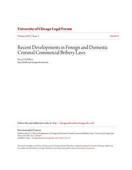 Recent Developments in Foreign and Domestic Criminal Commercial Bribery Laws Ryan J