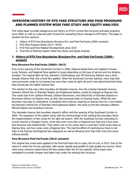 Overview/History of Rtd Fare Structure and Pass Programs and Planned System Wide Fare Study and Equity Analysis