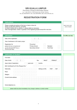 Sri Kuala Lumpur Registration Form