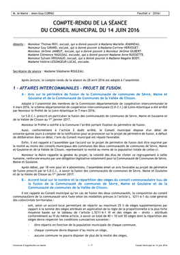 Compte-Rendu De La Séance Du Conseil Municipal Du 14 Juin 2016