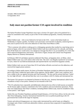 Italy Must Not Pardon Former CIA Agent Involved in Rendition