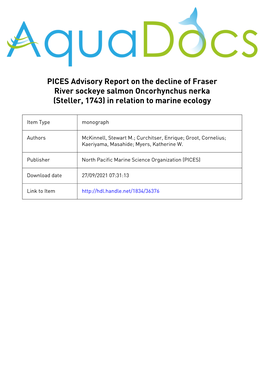 Fraser River Sockeye Salmon Oncorhynchus Nerka (Steller, 1743) in Relation to Marine Ecology