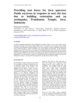 Providing Nest Boxes for Java Sparrows Padda Oryzivora in Response to Nest Site Loss Due to Building Restoration and an Earthquake, Prambanan Temple, Java, Indonesia