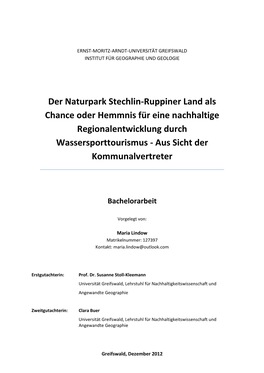 Der Naturpark Stechlin-Ruppiner Land Als Chance Oder Hemmnis Für Eine Nachhaltige Regionalentwicklung Durch Wassersporttourismus - Aus Sicht Der Kommunalvertreter