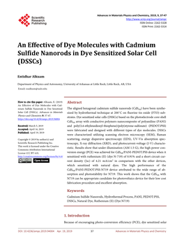 An Effective of Dye Molecules with Cadmium Sulfide Nanorods in Dye Sensitized Solar Cell (Dsscs)