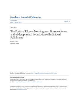 The Positive Take on Nothingness: Transcendence As the Metaphysical Foundation of Individual Fulfillment