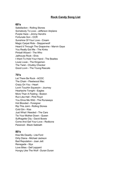 Rock Candy Song List 60'S 70'S 80'S