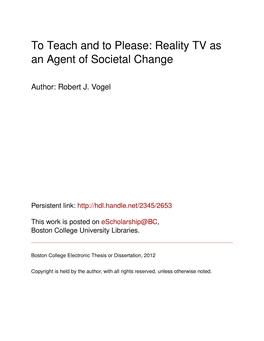 To Teach and to Please: Reality TV As an Agent of Societal Change