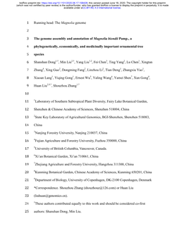 The Genome Assembly and Annotation of Magnolia Biondii Pamp., A