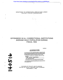 Offenders in N.J. Correctional Institutions Average Daily Population During Fiscal 1992