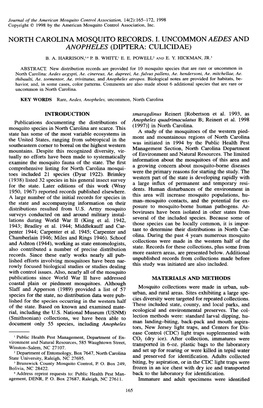 North Carolina Mosquito Records. I. Uncommon Aedes and Anopheles (Diptera: Culicidae)