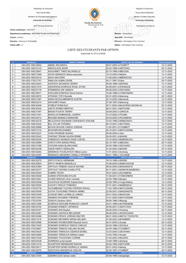 LISTE DES ETUDIANTS PAR OPTION Imprimée Le 27/11/2020