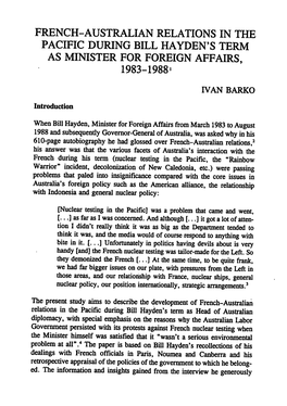French-Australian Relations in the Pacific During Bill Hayden's Term As Minister for Foreign Affairs, 1983-1988'