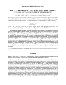 Research/Investigación Molecular Identification, Race Detection, and Life Cycle of Rotylenchulus Reniformis in Egypt