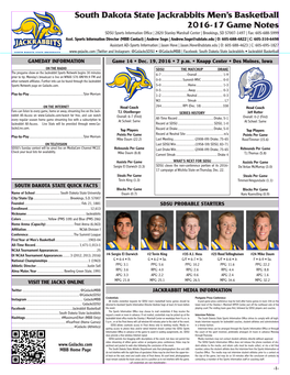 South Dakota State Jackrabbits Men's Basketball 2016-17 Game Notes