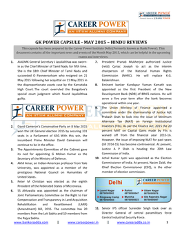 GK POWER CAPSULE - MAY 2015 – HINDU REVIEWS This Capsule Has Been Prepared by the Career Power Institute Delhi (Formerly Known As Bank Power)
