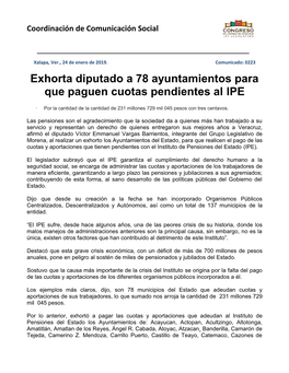 Exhorta Diputado a 78 Ayuntamientos Para Que Paguen Cuotas Pendientes Al IPE