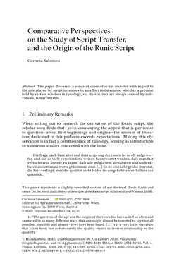 Comparative Perspectives on the Study of Script Transfer, and the Origin of the Runic Script