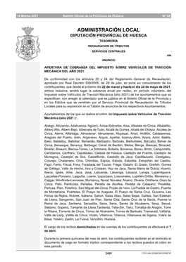 Administración Local Diputación Provincial De Huesca Tesorería Recaudacion De Tributos Servicios Centrales 999 Anuncio