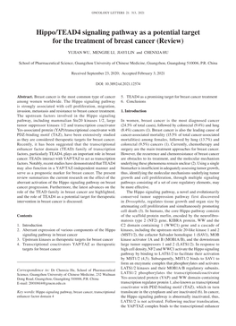 Hippo/TEAD4 Signaling Pathway As a Potential Target for the Treatment of Breast Cancer (Review)