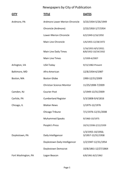 Newspapers by City of Publication