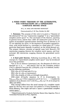 A Fixed Point Theorem of the Alternative, for Contractions on a Generalized Complete Metric Space