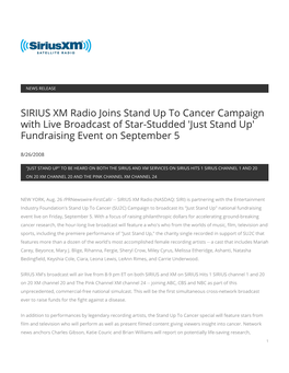 SIRIUS XM Radio Joins Stand up to Cancer Campaign with Live Broadcast of Star-Studded 'Just Stand Up' Fundraising Event on September 5